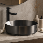 Waskom Staal incl. clickwaste Gun Metal Geborsteld Rond