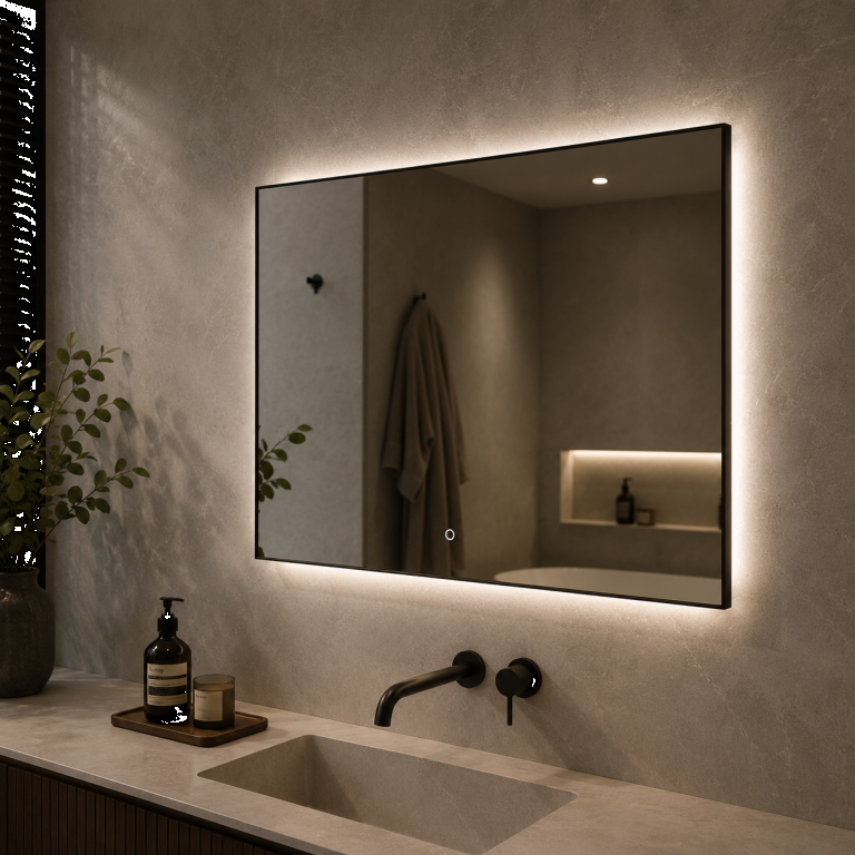 Spiegel decor Mat Zwart met indirecte LED verlichting, 3 kleur instelbaar & dimbaar incl. spiegelver